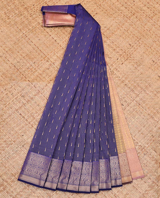 Blue Budget Silk Saree, Adorned with Zari Buttas and Stripes All Over Its Body, Highlighted by Traditional Zari Border, Intricate Pallu and Paired with a Contrast Blouse