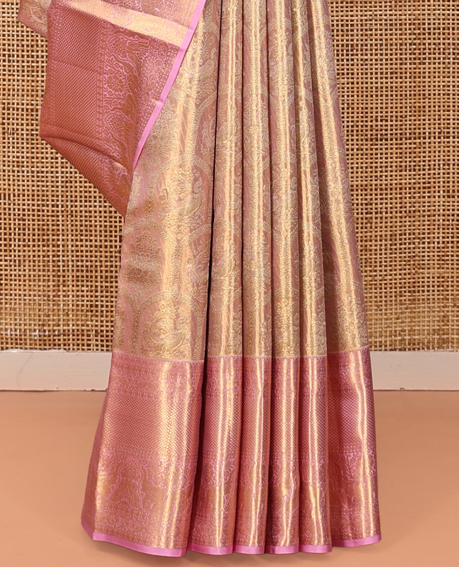 Peach Kanchipuram Tissue Silk Saree, Majestically Detailed with Jacquard Design, a Contrast Border of Neli, Poun, Mayil, Mayil Kann, and Yaanai, Jaal Pallu, and Contrast Blouse
