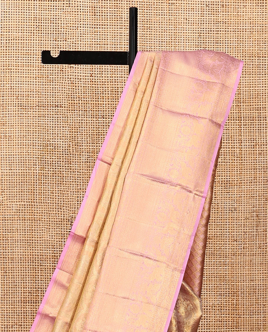 Peach Kanchipuram Tissue Silk Saree, Majestically Detailed with Jacquard Design, a Contrast Border of Neli, Poun, Mayil, Mayil Kann, and Yaanai, Jaal Pallu, and Contrast Blouse