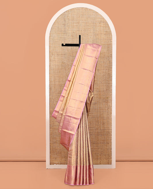 Peach Kanchipuram Tissue Silk Saree, Majestically Detailed with Jacquard Design, a Contrast Border of Neli, Poun, Mayil, Mayil Kann, and Yaanai, Jaal Pallu, and Contrast Blouse