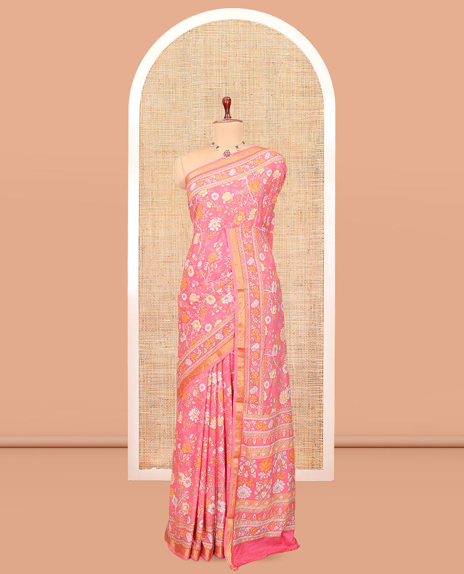 Pink Printed Silk Saree, Prettified with Floral-Vine Print, a Traditional Border, Floral Pallu, Matching Blouse
