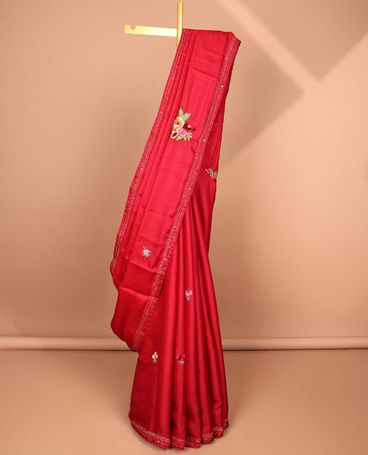 Red all-over floral motifs thread embroidery tussar silk saree with self striped embroidery border
