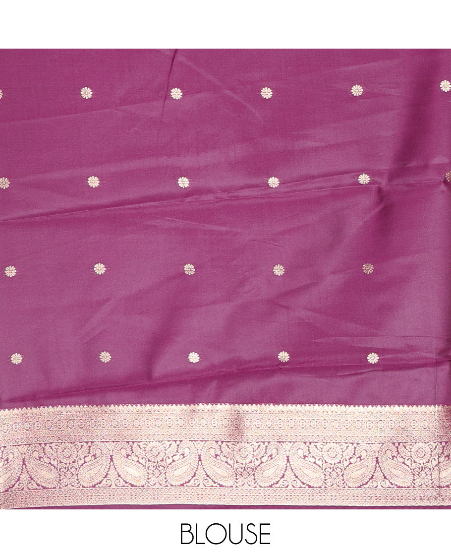 Cherry Zari Checked Litchi Saree with Contrast Ganga-Jamuna Border, Grand Pallu, and a Contrast Blouse