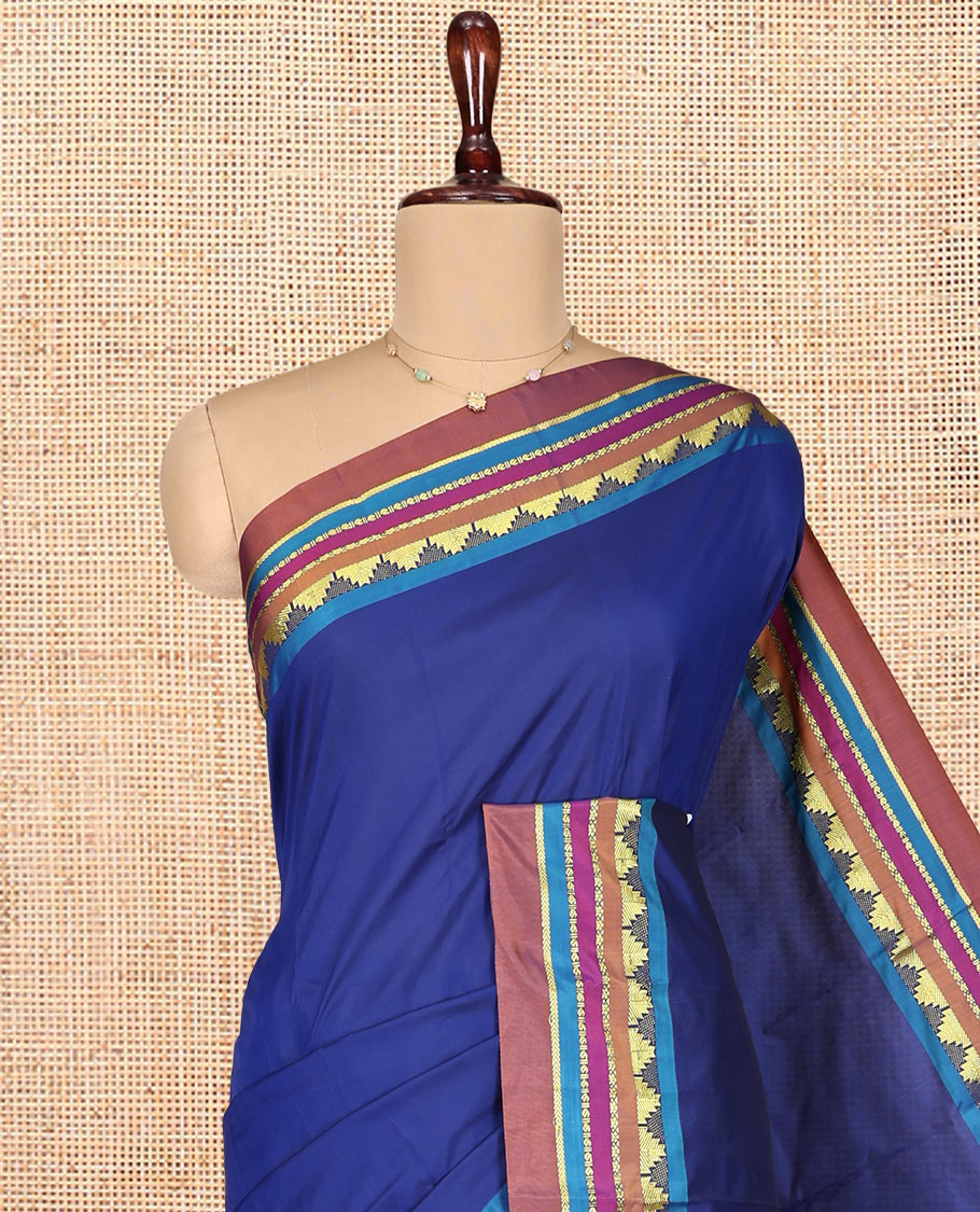 Blue Plain Aarani Gift Saree, Complemented by a Contrast Traditional Design Temple Border, Captivating Contrast Pallu of Stripes, and Paired with a Contrast Blouse