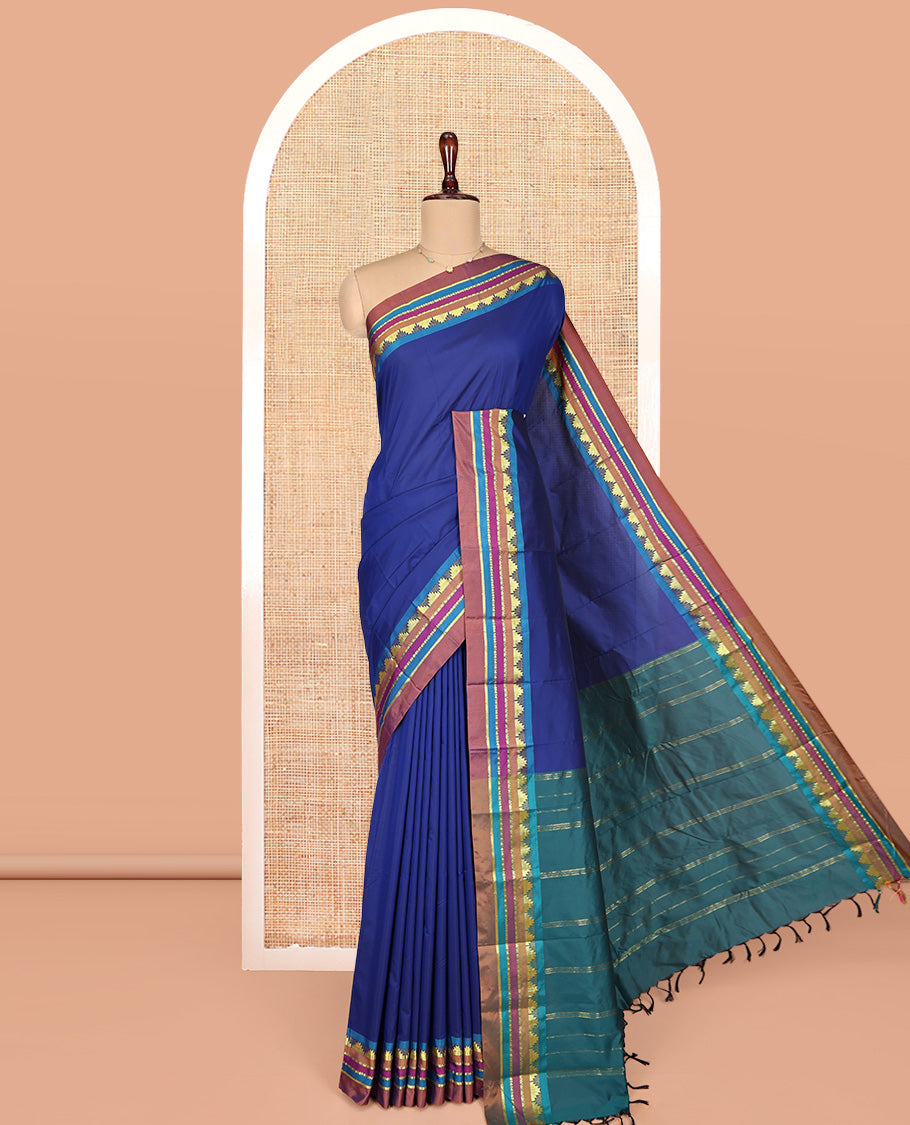 Blue Plain Aarani Gift Saree, Complemented by a Contrast Traditional Design Temple Border, Captivating Contrast Pallu of Stripes, and Paired with a Contrast Blouse