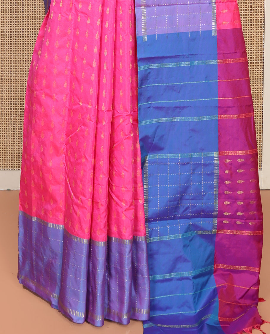 Pink Aarani Silk Saree, Woven with Buttas on Its Body, Complemented by a Contrast Checked Border, Pallu of Stripes and Buttas, and Paired with a Matching Blouse
