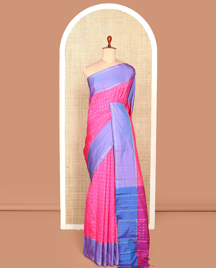 Pink Aarani Silk Saree, Woven with Buttas on Its Body, Complemented by a Contrast Checked Border, Pallu of Stripes and Buttas, and Paired with a Matching Blouse