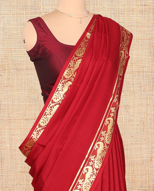 Red Plain Mysore Silk Saree, Finely Detailed with Traditional Zari Border of Peacock Designs, Pallu Woven with Zari Stripes, and Paired with a Matching Blouse