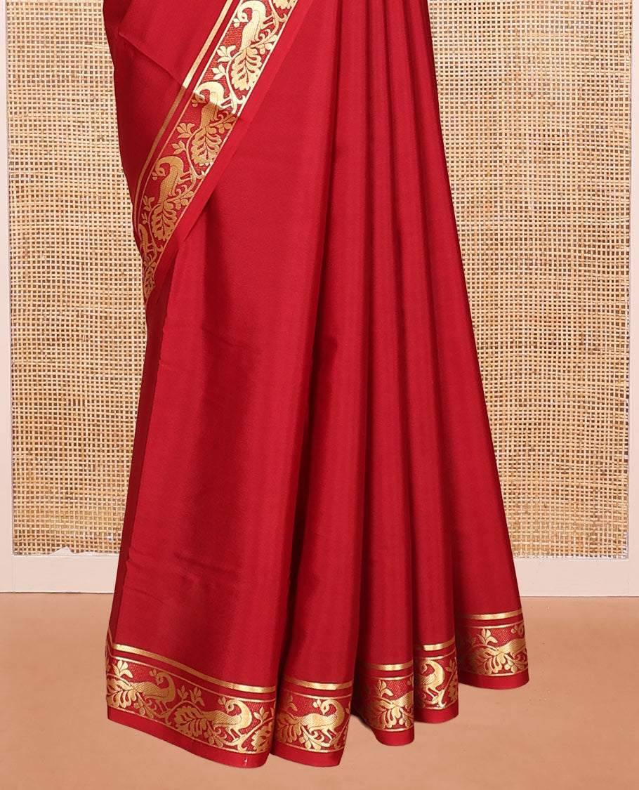 Red Plain Mysore Silk Saree, Finely Detailed with Traditional Zari Border of Peacock Designs, Pallu Woven with Zari Stripes, and Paired with a Matching Blouse