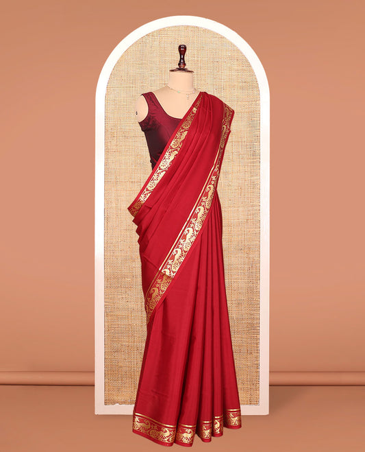 Red Plain Mysore Silk Saree, Finely Detailed with Traditional Zari Border of Peacock Designs, Pallu Woven with Zari Stripes, and Paired with a Matching Blouse