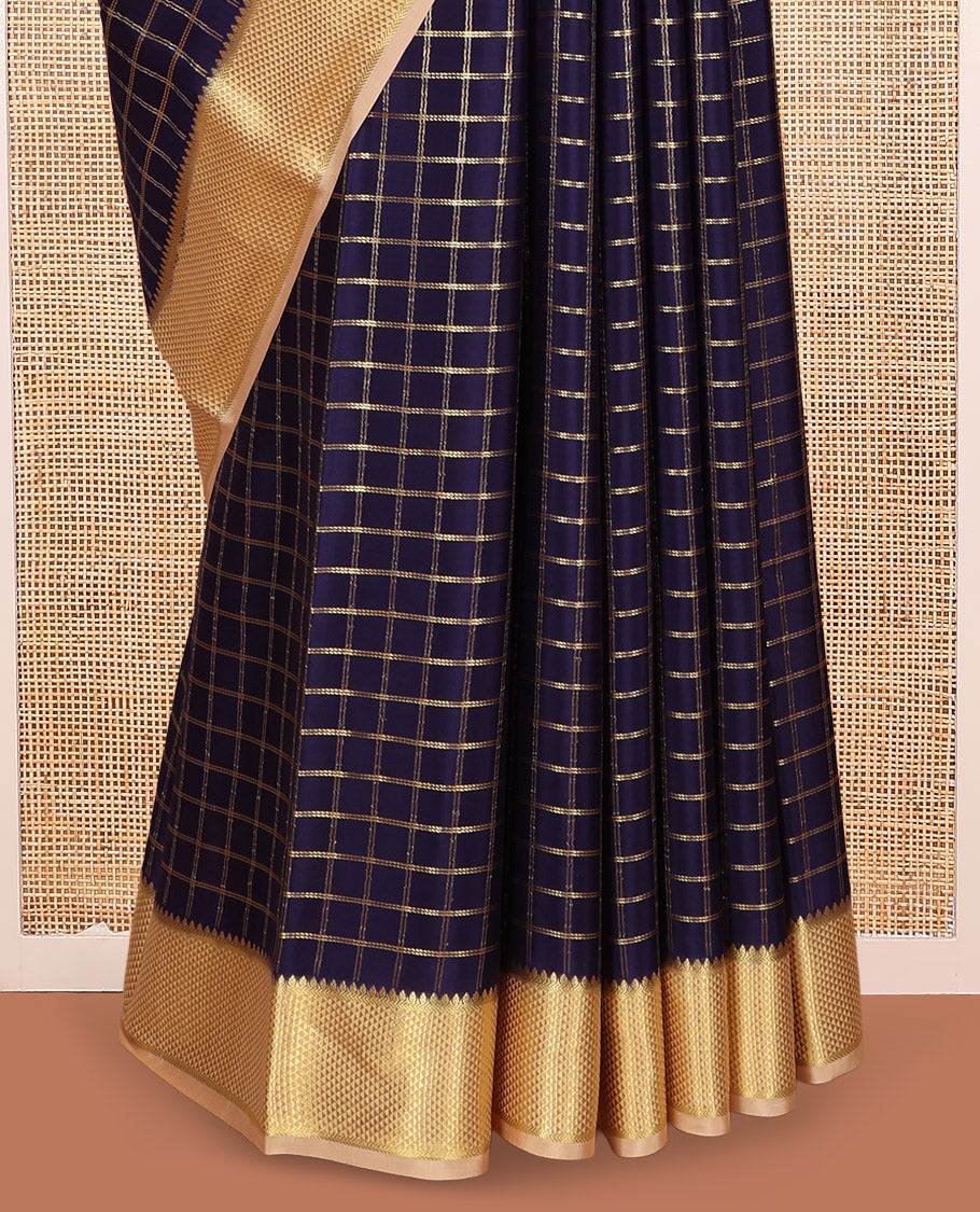 Blue Zari-Checked Mysore Silk Saree, Complemented by a Contrast Traditional Zari Border, Grand Pallu, and a Contrast Blouse