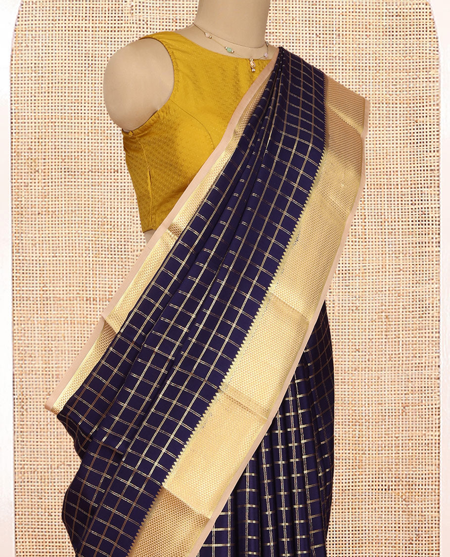 Blue Zari-Checked Mysore Silk Saree, Complemented by a Contrast Traditional Zari Border, Grand Pallu, and a Contrast Blouse