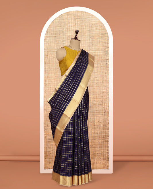 Blue Zari-Checked Mysore Silk Saree, Complemented by a Contrast Traditional Zari Border, Grand Pallu, and a Contrast Blouse