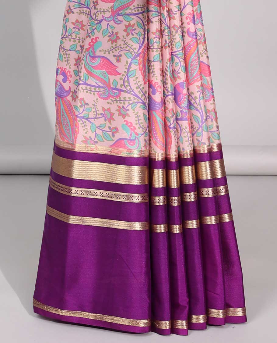 Pink floral vine design art mysore silk saree with contrast striped border & pallu zari striped design