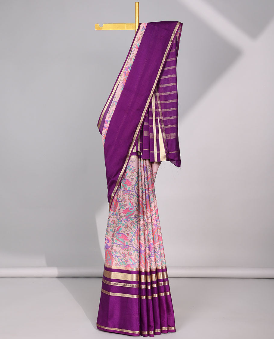 Pink floral vine design art mysore silk saree with contrast striped border & pallu zari striped design