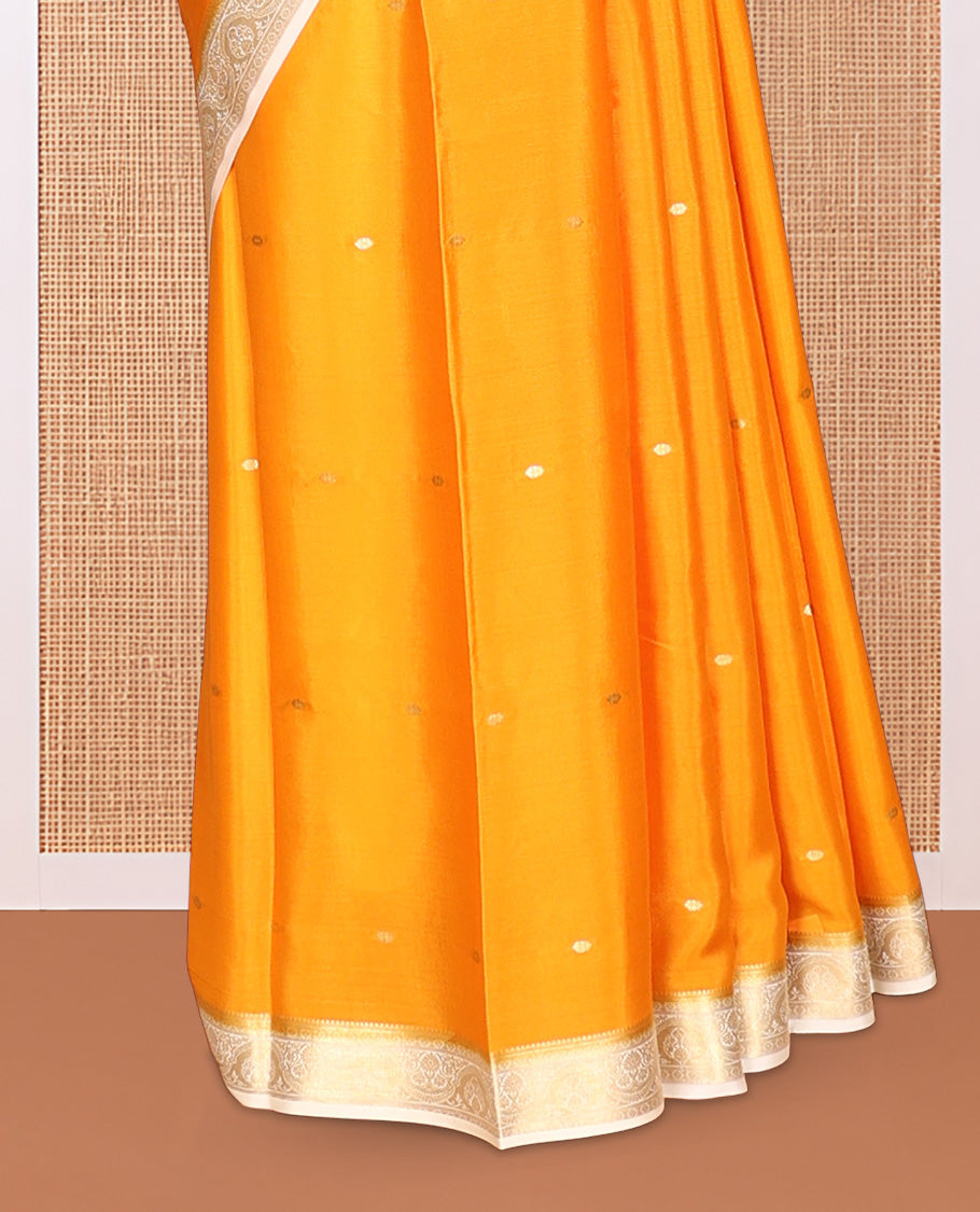 Orange Zari Buttas Mysore Silk Saree, Complemented by a Contrast Traditional Zari Border, Zari Design Pallu, and a Contrast Blouse