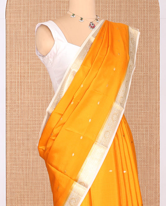 Orange Zari Buttas Mysore Silk Saree, Complemented by a Contrast Traditional Zari Border, Zari Design Pallu, and a Contrast Blouse