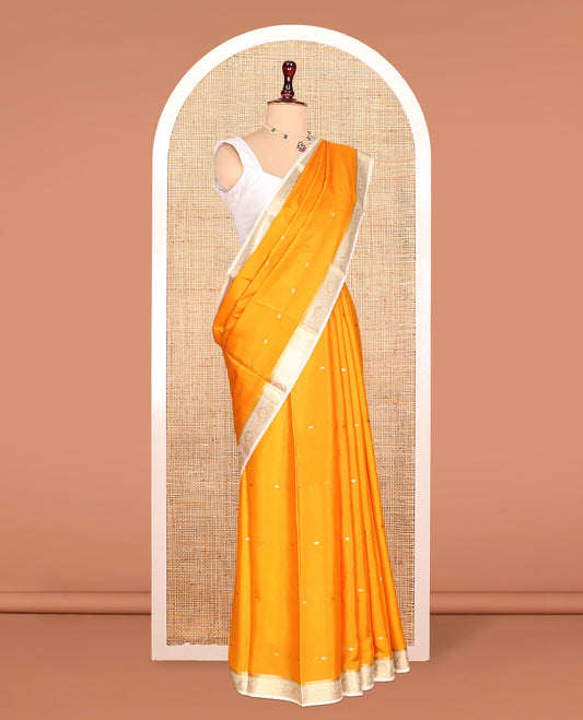 Orange Zari Buttas Mysore Silk Saree, Complemented by a Contrast Traditional Zari Border, Zari Design Pallu, and a Contrast Blouse