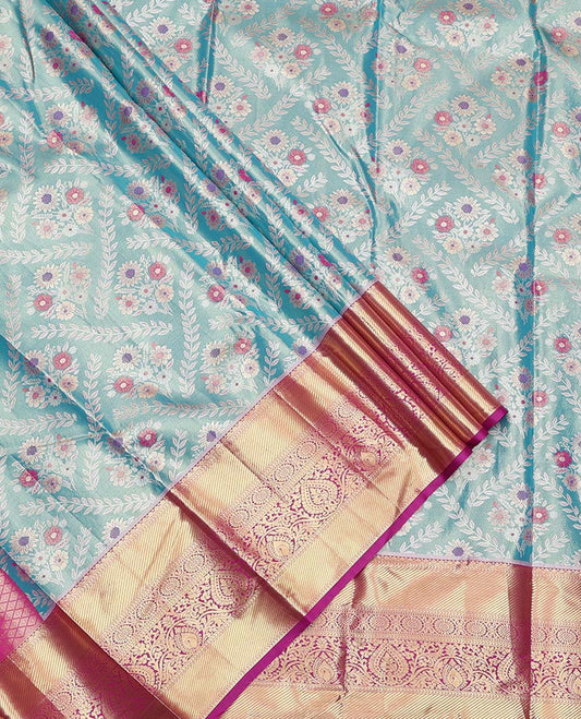 Blue Art Silk Material Half Saree Set, Embellished with Jacquard Design Skirt, a Contrast Traditional Zari Design Border, Contrast Zari-Jacquard Blouse, and a Dhavani of Floral Designs