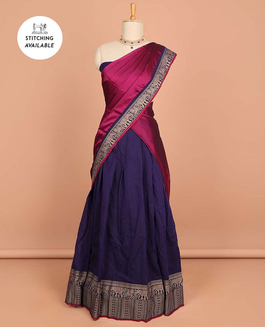 Purple cotton half saree with contrast traditional border , plain  blouse & plain dhavani with zari design border
