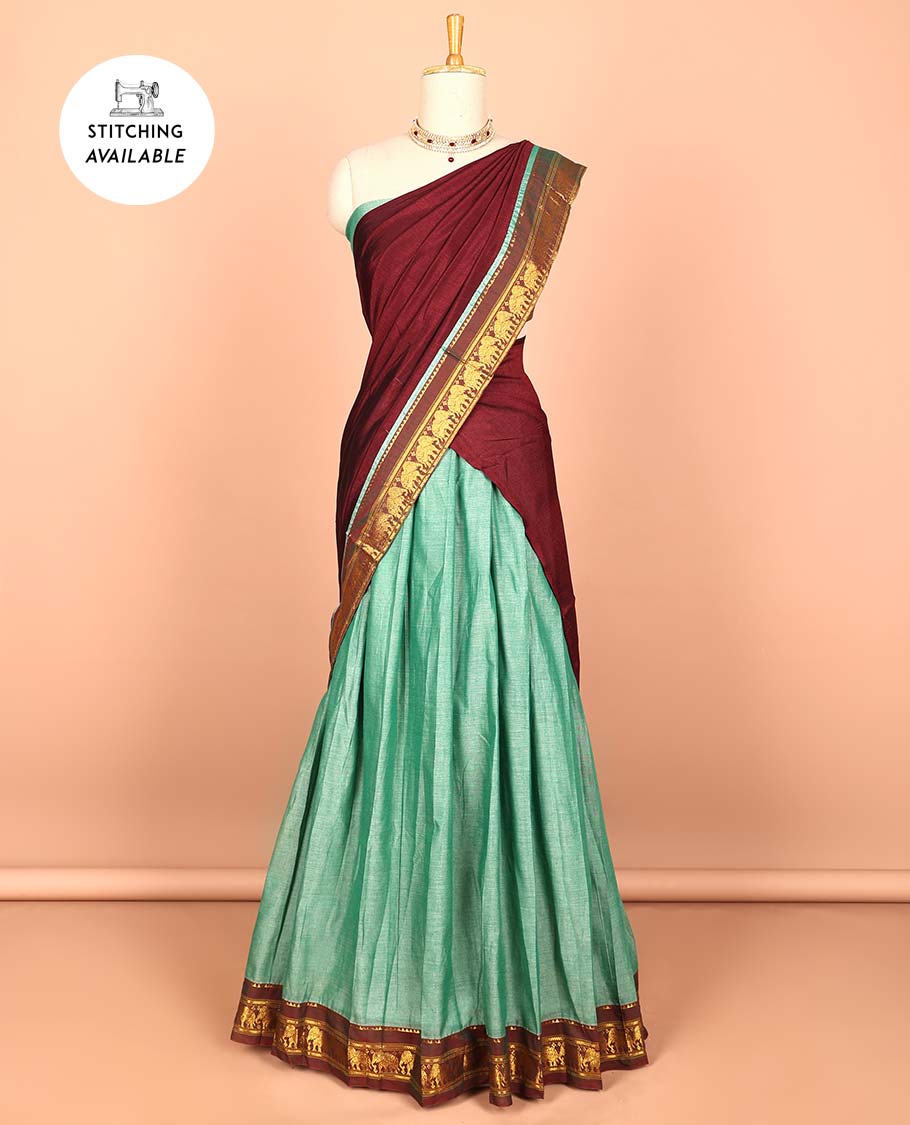 Blue cotton half saree with contrast zari border, plain blouse & plain with zari border dhavani