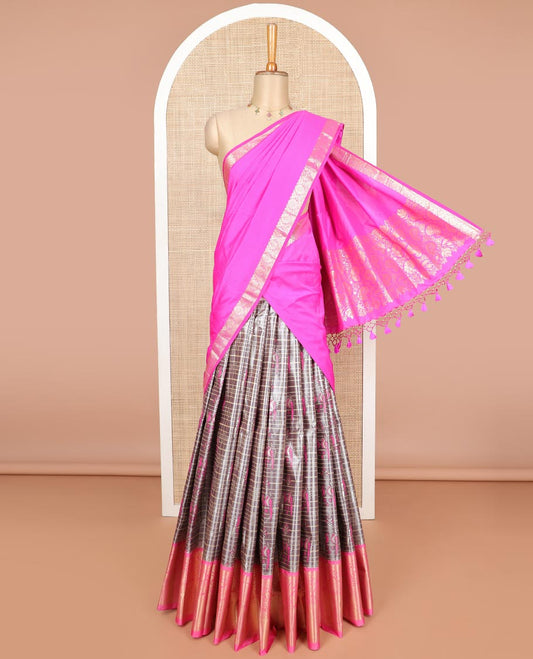Black checked, bird design art silk half saree with contrast zari design border, zari design blouse & floral design dhavani