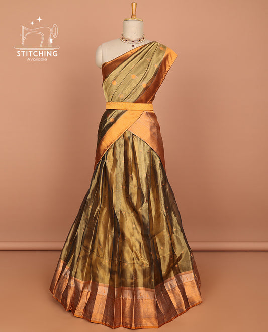 Brown zari buttas art silk half saree with contrast zari orange border, zari checked design blouse & intricate zari design dhavani