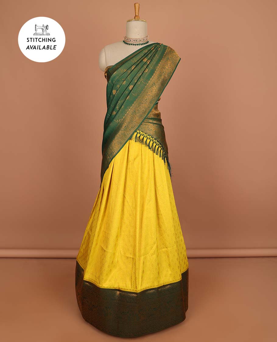 Blue buttas half sare with contrast zari border, zari design blouse & floral design dhavani
