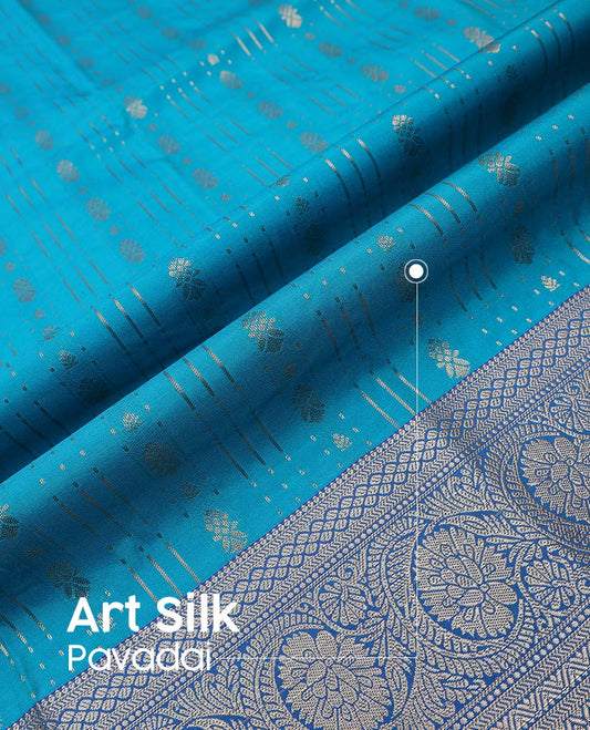 Green art silk pavadai material, zari design with contrast traditional zari border skirt, and contrast blouse