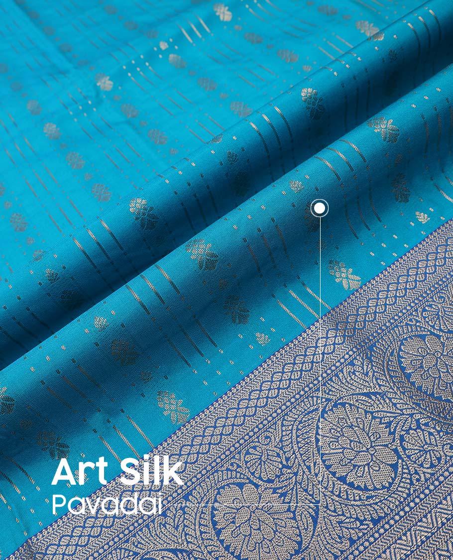 Blue art silk pavadai material, zari design with contrast traditional zari border skirt, and contrast blouse