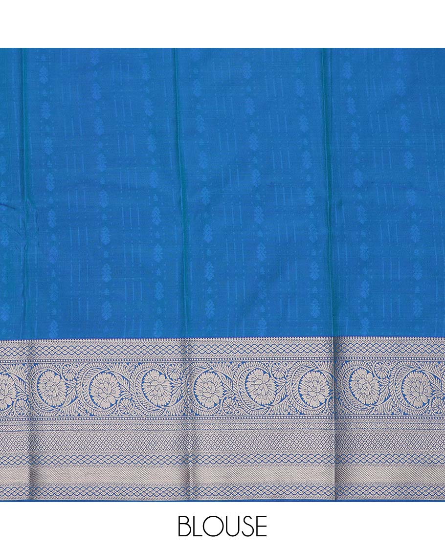 Blue art silk pavadai material, zari design with contrast traditional zari border skirt, and contrast blouse
