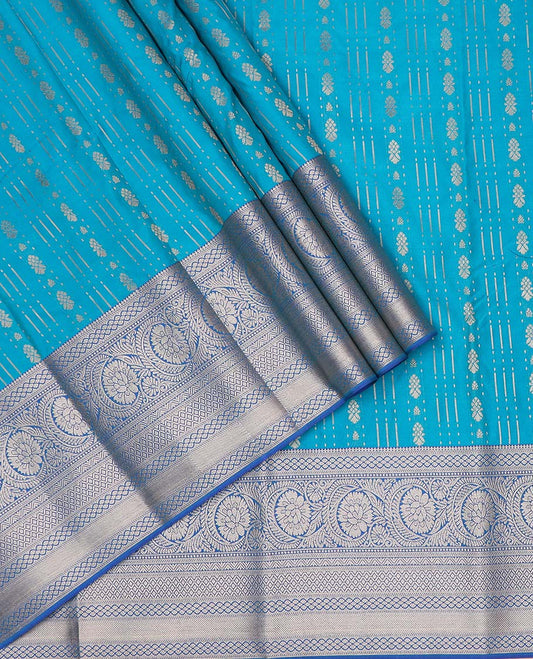 Green art silk pavadai material, zari design with contrast traditional zari border skirt, and contrast blouse