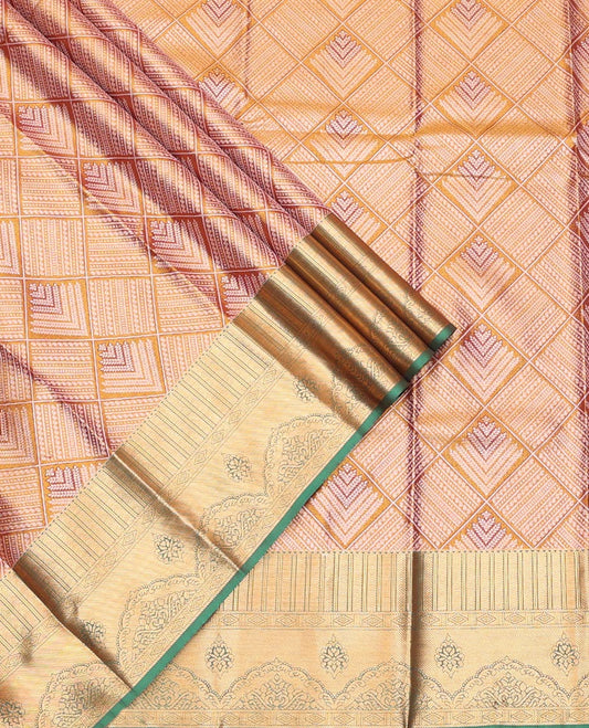 Gold Art Silk Pavadai Material Set, Dazzled with Jacquard Design on Its Skirt, Complemented by a Contrast Traditional Zari Design Border, and Paired with a Contrast Blouse