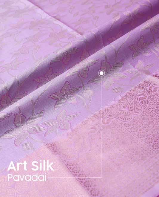 Pink art silk pavadai material, floral motifs embossed pavadai with traditional zari design border & blouse of embossed & zari design