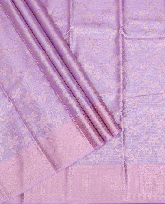 Pink art silk pavadai material, floral motifs embossed pavadai with traditional zari design border & blouse of embossed & zari design