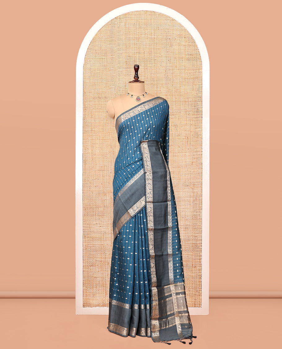 Blue Assam Silk Saree, Woven with Zari Stripes, Complemented by a Contrast Traditional Zari Border, Striped Pallu, and a Contrast Blouse