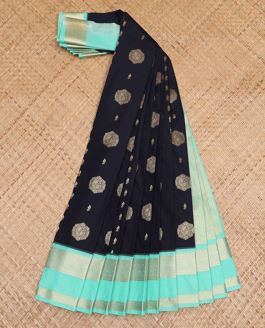 Black zari buttas gift saree, contrast traditional zari design rettai pettu border, and zari-rich jaal pallu