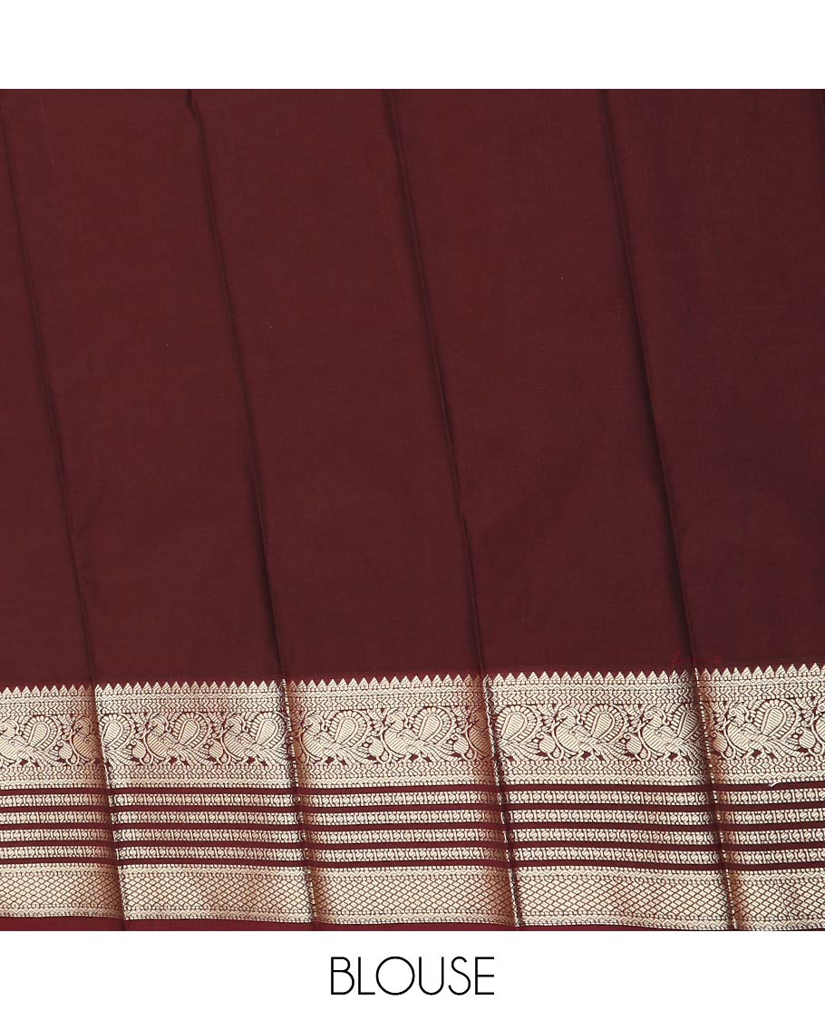 Red zari buttas and striped gift saree, contrast traditional zari border, and Mughal-style jaal pallu
