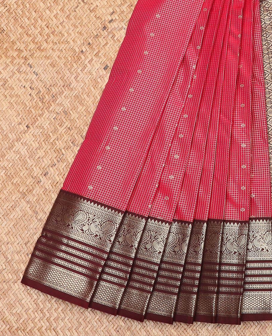 Red zari buttas and striped gift saree, contrast traditional zari border, and Mughal-style jaal pallu