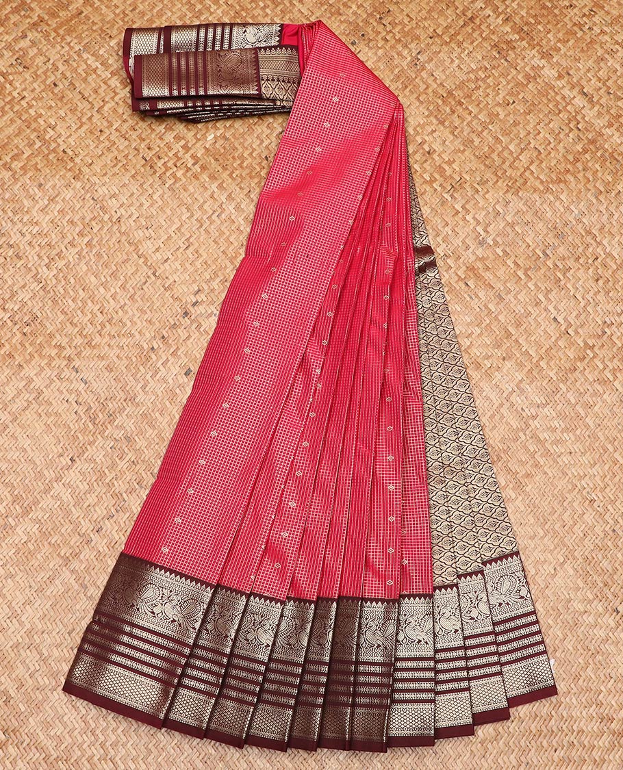 Red zari buttas and striped gift saree, contrast traditional zari border, and Mughal-style jaal pallu