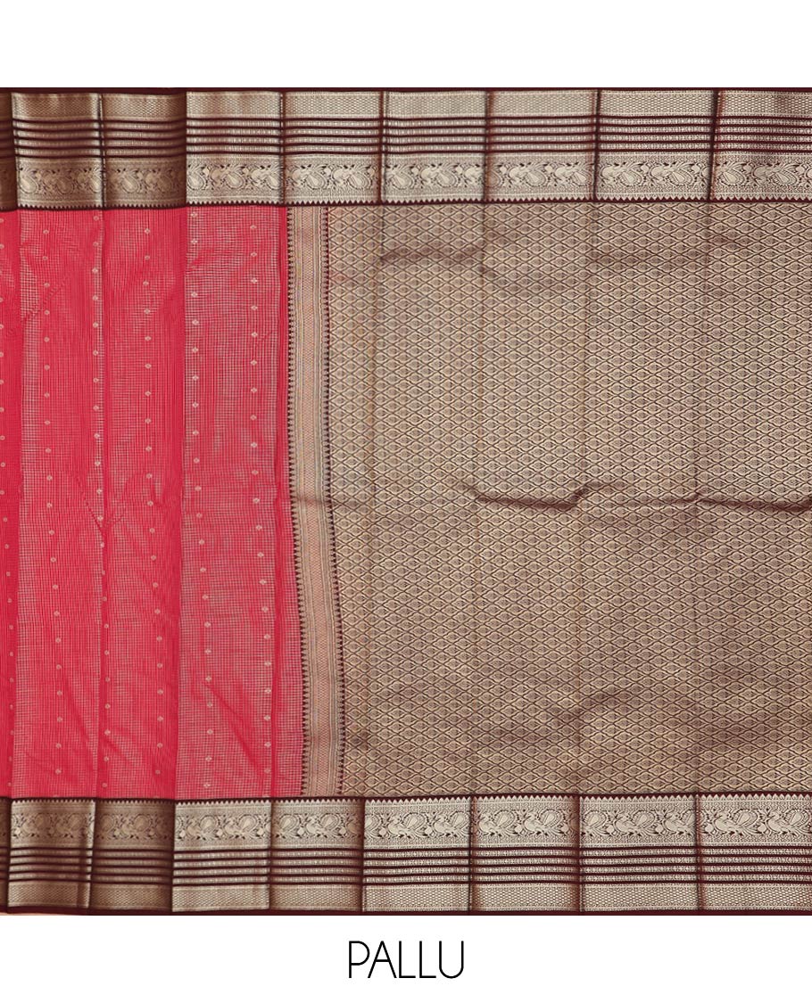Red zari buttas and striped gift saree, contrast traditional zari border, and Mughal-style jaal pallu