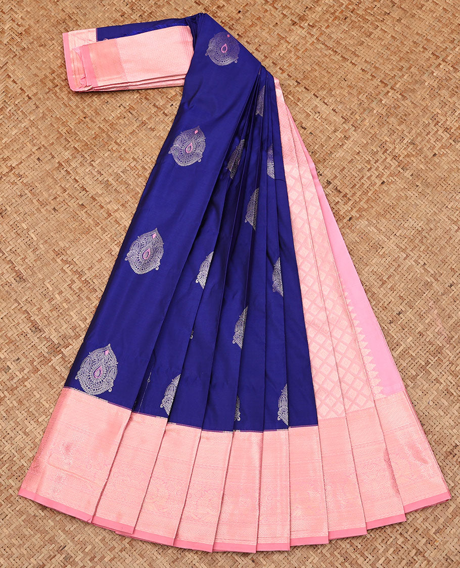 Blue Budget Silk Saree, Embellished with Zari Buttas All Over Its Body, Complemented by a Contrast Traditional Zari Design Border, Grand Jaal Pallu, and Paired with a Contrast Blouse