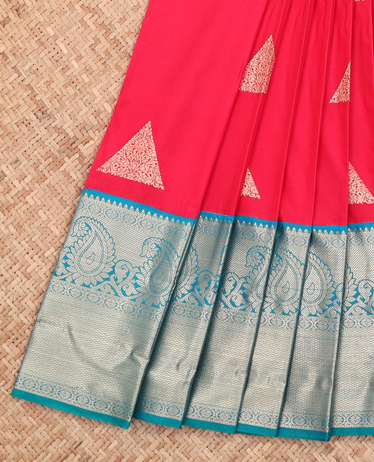 Red Budget Silk Saree, Embellished with Zari Buttas All Over Its Body, Complemented by a Contrast Traditional Design Border, Grand Pallu, and Paired with a Contrast Blouse