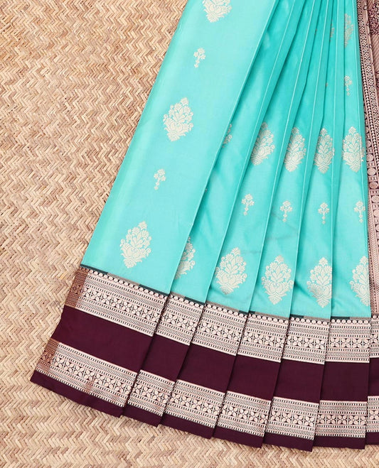 Blue Budget Silk Saree, Decked Up with Zari Buttas, Complemented by Contrast Traditional Zari Rettai Pettu Border, Grand Pallu, and a Contrast Blouse