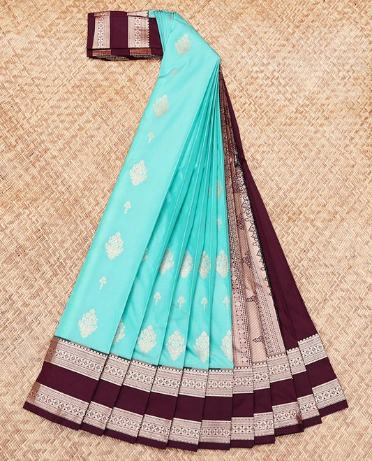 Blue Budget Silk Saree, Decked Up with Zari Buttas, Complemented by Contrast Traditional Zari Rettai Pettu Border, Grand Pallu, and a Contrast Blouse