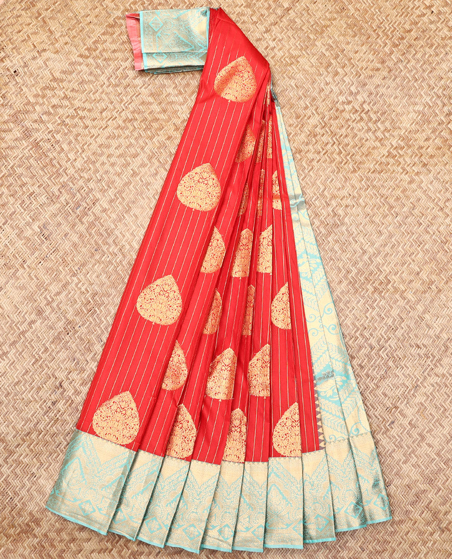 Orange Budget Silk Saree, Majestically Detailed with Zari Buttas and Stripes, Complemented by a Contrast Traditional Zari Border, Sparsely Woven Pallu, and a Contrast Blouse