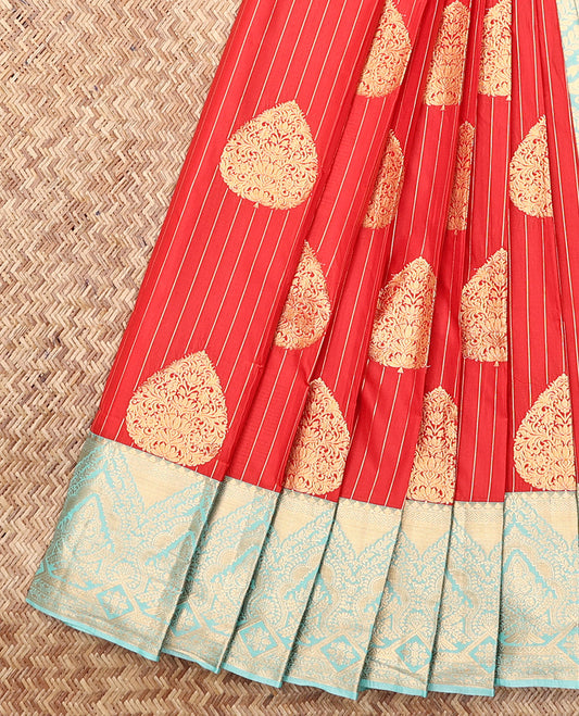 Orange Budget Silk Saree, Majestically Detailed with Zari Buttas and Stripes, Complemented by a Contrast Traditional Zari Border, Sparsely Woven Pallu, and a Contrast Blouse