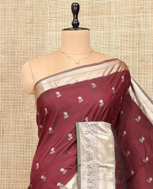 Maroon Budget Silk Saree, Woven with Floral Buttas, Complemented by Contrast Traditional Zari Border, Grand Jaal Pallu, and Contrast Blouse