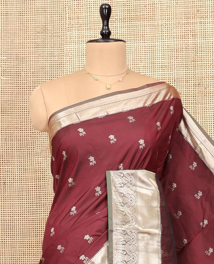 Maroon Budget Silk Saree, Woven with Floral Buttas, Complemented by Contrast Traditional Zari Border, Grand Jaal Pallu, and Contrast Blouse