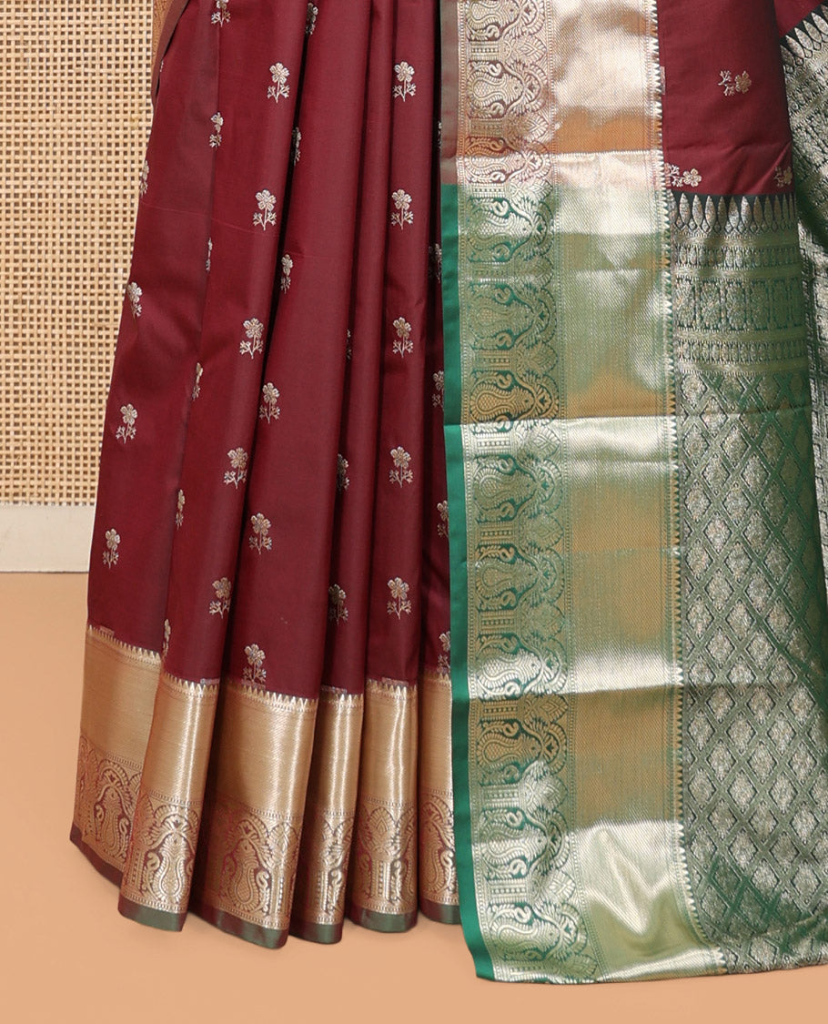 Maroon Budget Silk Saree, Woven with Floral Buttas, Complemented by Contrast Traditional Zari Border, Grand Jaal Pallu, and Contrast Blouse